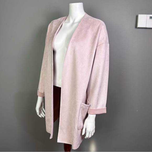 Joan Vas faux suede jacket 2X blush pink longline cascade cardigan capsule - Picture 2 of 8